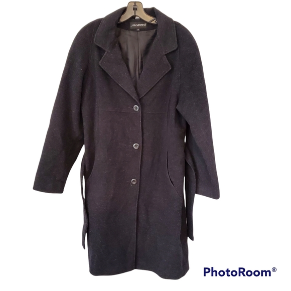 Sandro 100% pure wool charcoal gray belted long coat structured size 10 - Picture 2 of 10